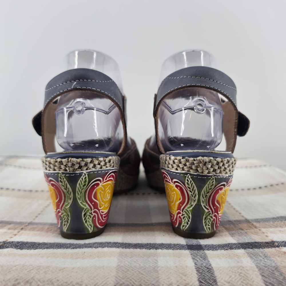 L'Artiste Fusta-Blum Leather Floral Wedge Sandals Women 38 Hand Painted Rose - Picture 2 of 15